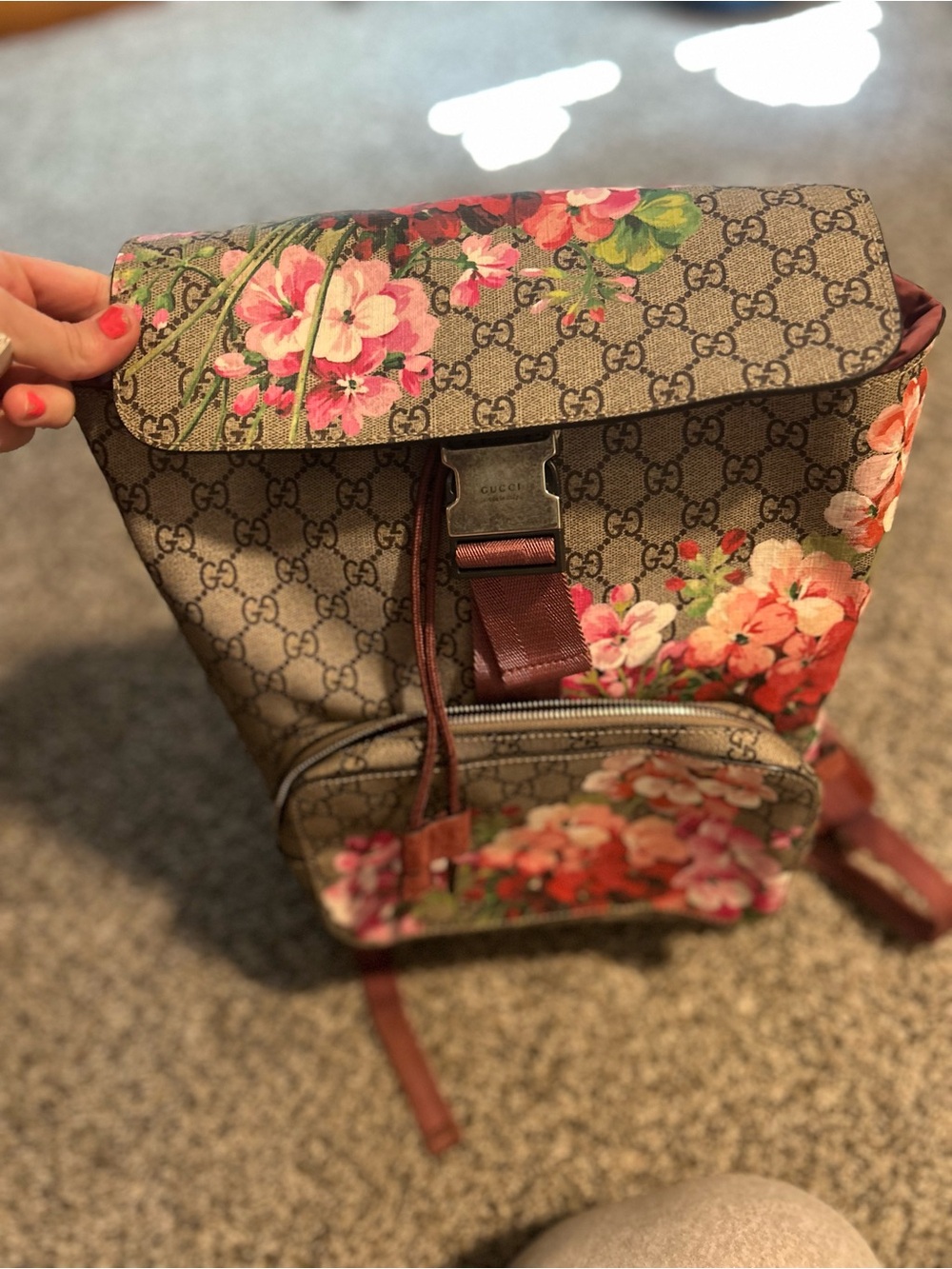 Gucci GG Supreme Canvas Backpack with Pink & Green Floral Print